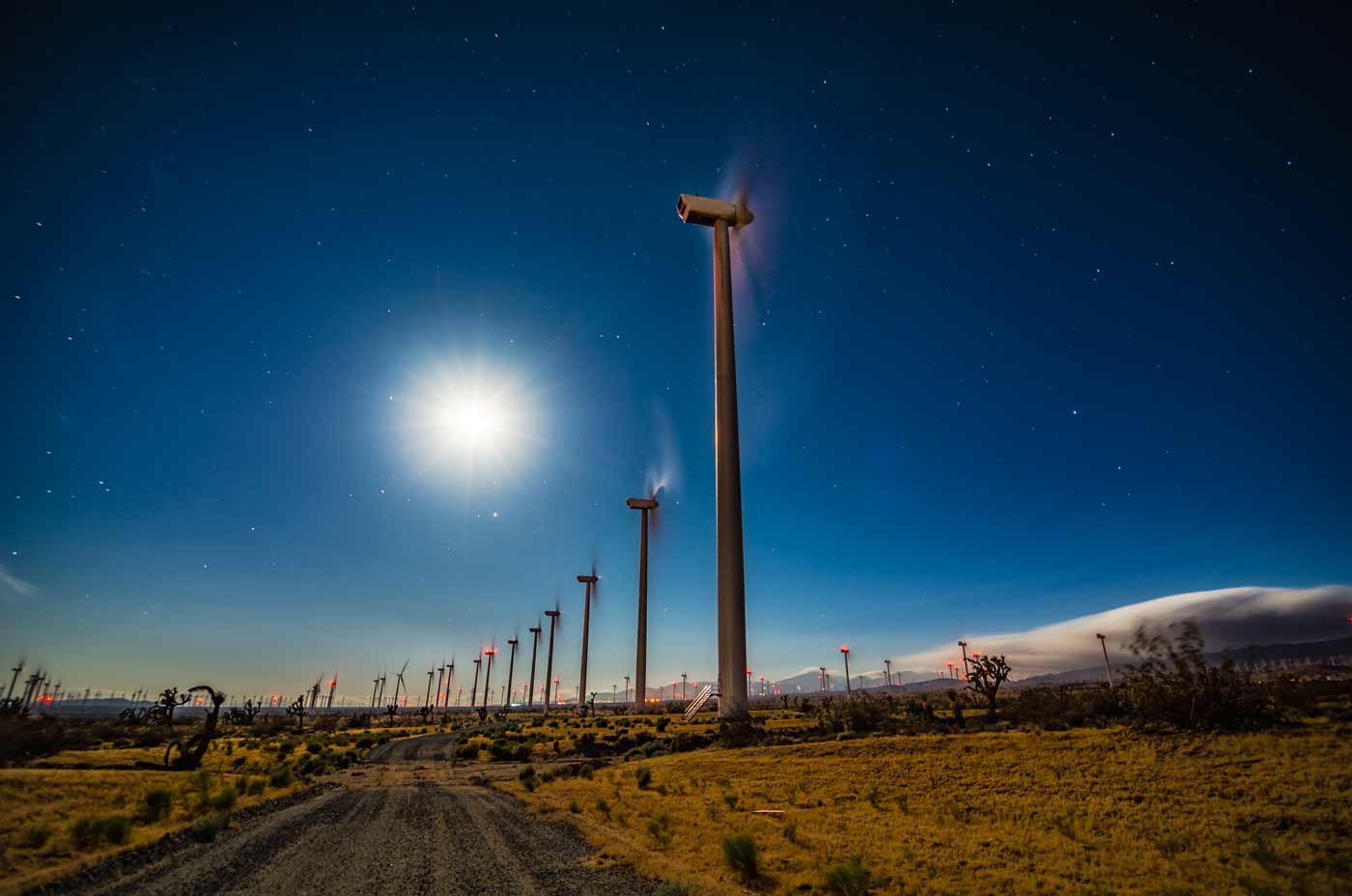 Photo of a wind farm at night in Kern County, California.